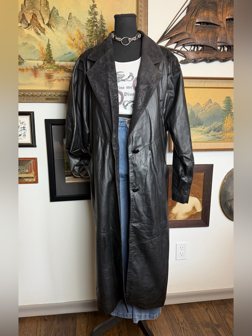 Vintage 1980s Trench Length Black Leather Coat Women's Large